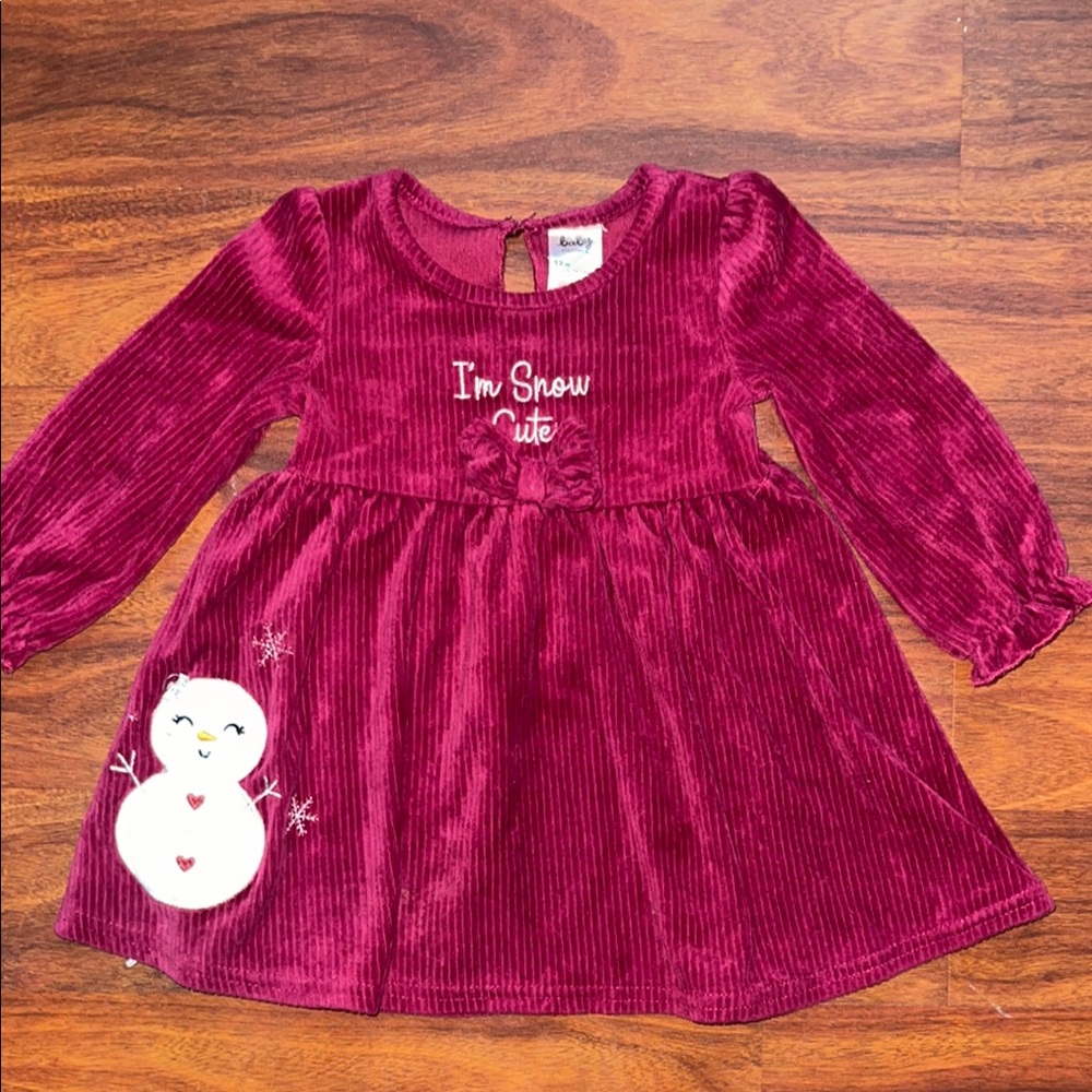 Baby Girl Burgundy Dress with Snowman Design